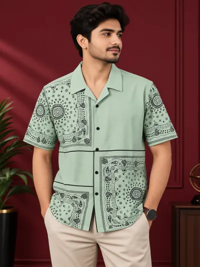 Premium Stylish Half Sleeve Shirt - Premium Mint Green Color Stylish Printed 