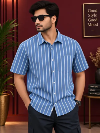 Premium Stylish Half Sleeve Shirt  - Classic Blue & White Striped Pattern 