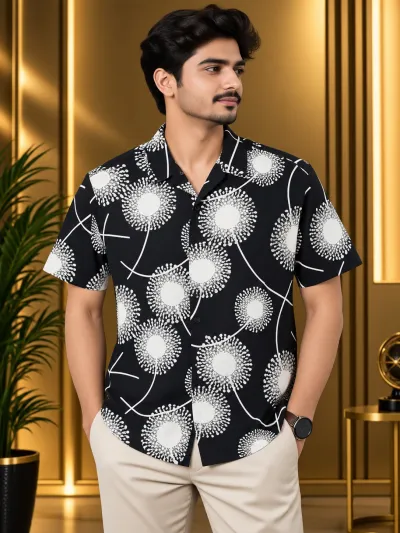 Premium Stylish Half Sleeve Shirt - Bold Black & White Floral Print