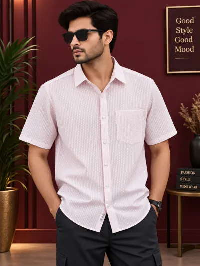 Premium Stylish Half Sleeve Shirt - Elegant Light Pink Textured Pattern 