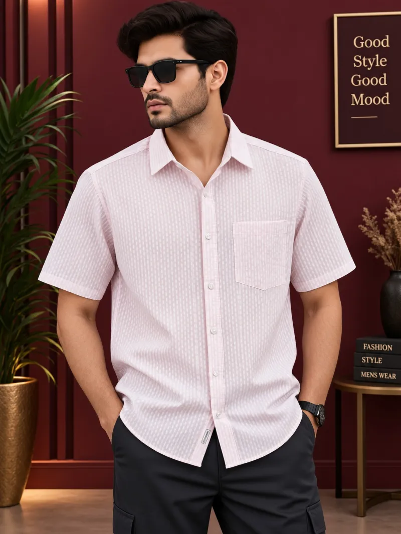 Premium Stylish Half Sleeve Shirt - Elegant Light Pink Textured Pattern 