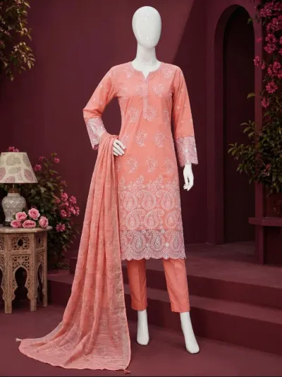 Peach Floral Embroidered 3-Piece