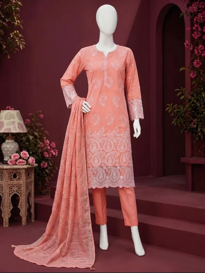 Peach Floral Embroidered 3-Piece