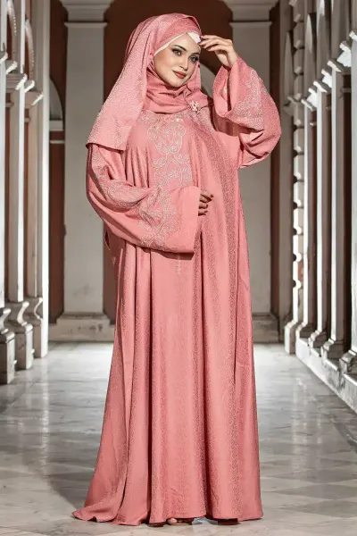 Premium Embroidered Prayer Abaya & Khimar Set – Dusty Rose Pink