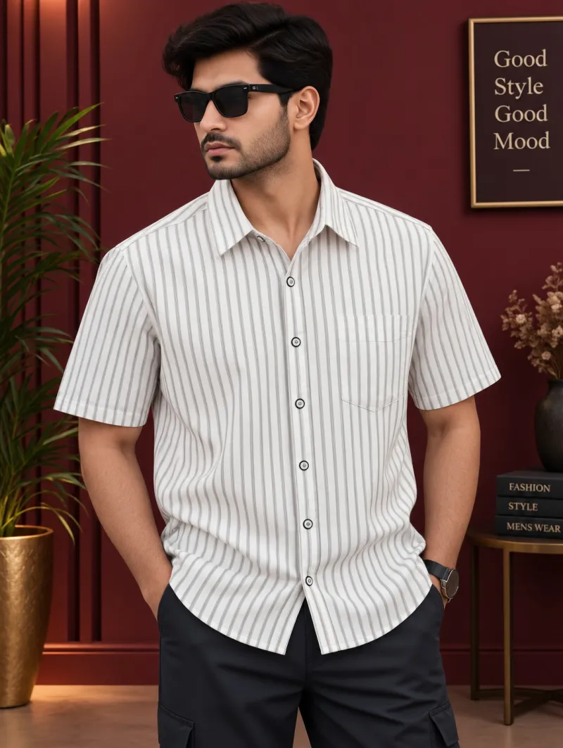 Premium Stylish Half Sleeve Shirt- Classic White & Grey Striped Pattern 