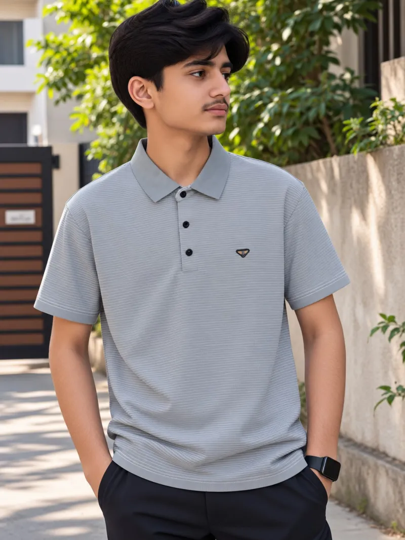 Premium China Fabric Polo - Ribbed Texture Light Grey