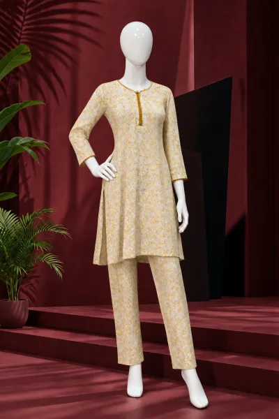 Premium Casual Two-Piece Set- Off-White / Cream with Mustard-Golden Print