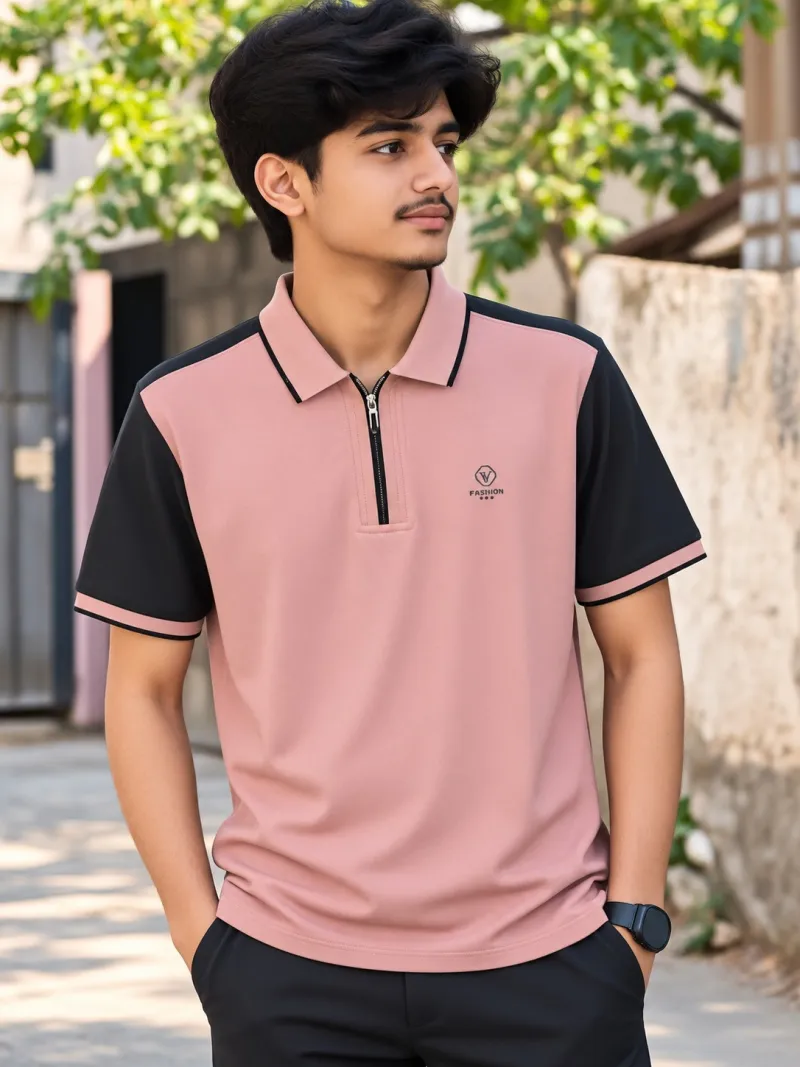 Premium China Polo Fabric - Pink & Black 