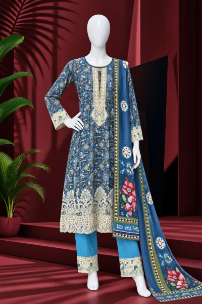 Elegant Blue Printed 3-Piece Salwar Kameez