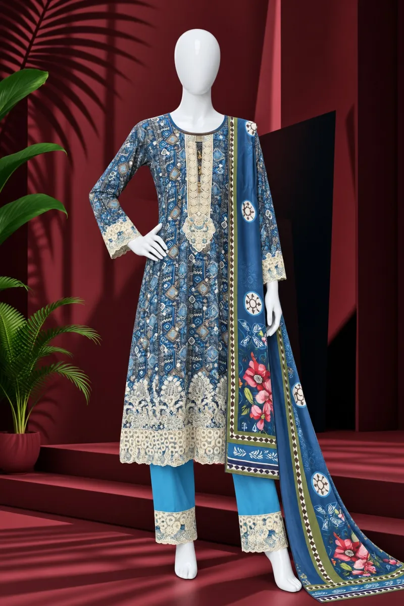Elegant Blue Printed 3-Piece Salwar Kameez