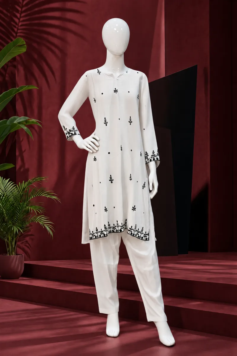 Premium Casual Two-Piece Set-White with Black Detailing