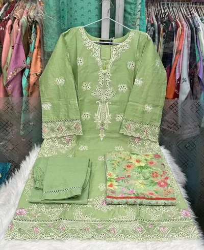 Elegant Green Embroidered Ladies Dress Set