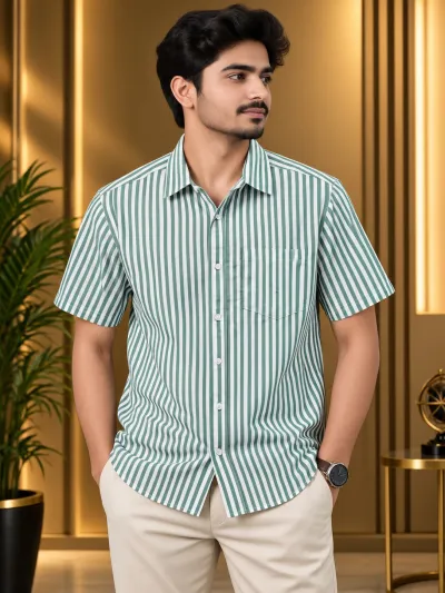 Premium Stylish Half Sleeve Shirt -Stylish Green & White Striped Pattern 