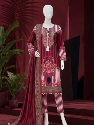 Maroon Floral Printed 3-Piece Suit
