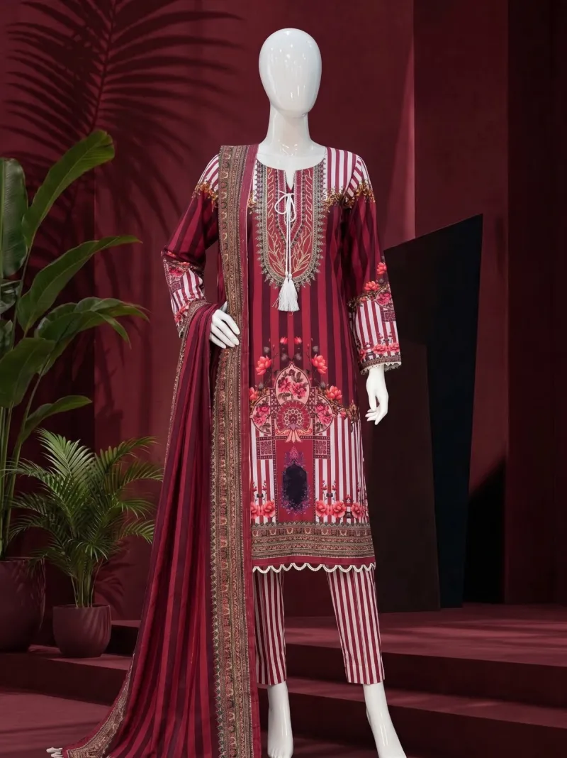 Maroon Floral Printed 3-Piece Suit