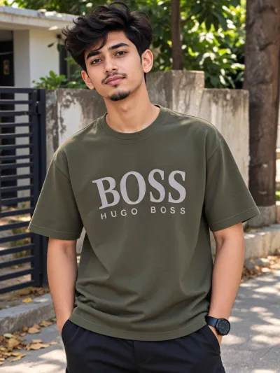 Premium Fabric Drop Shoulder T-Shirt  - Olive Green