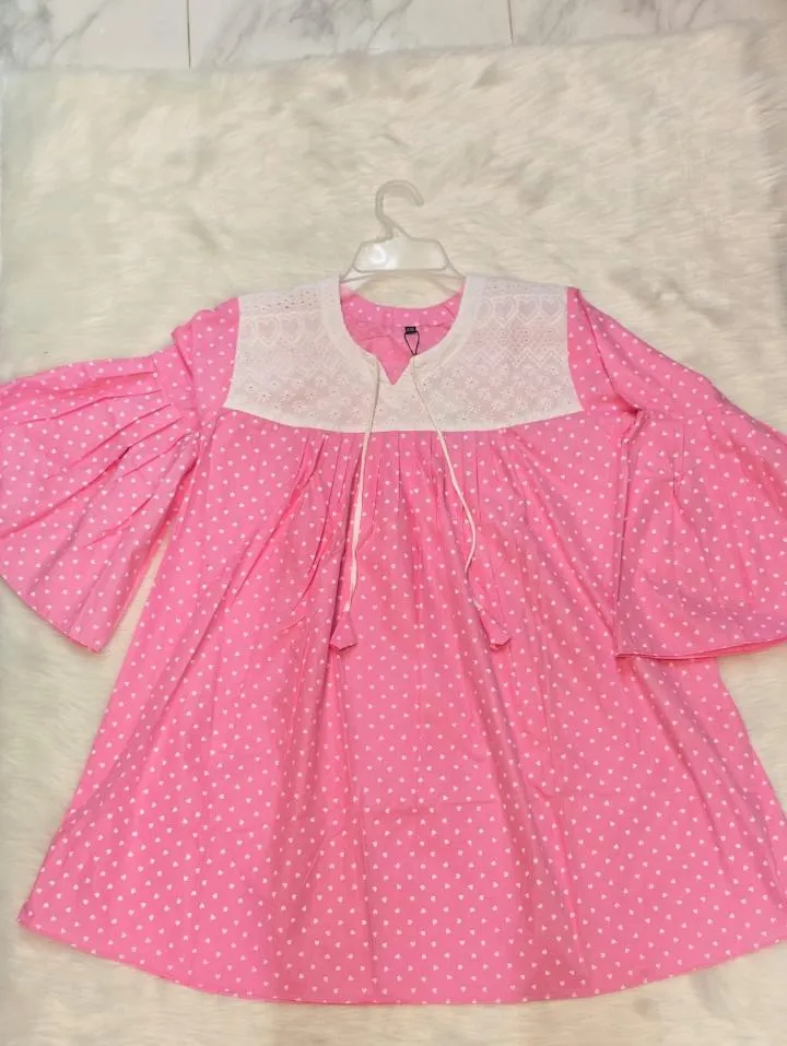 Baby Pink Heart Print Frock Style Kurti