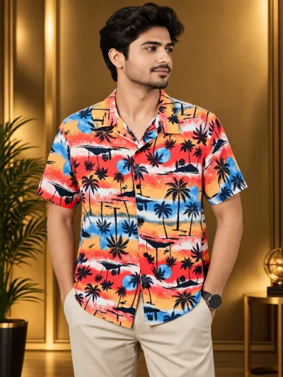 Premium Stylish Half Sleeve Shirt - Vibrant Tropical Print 
