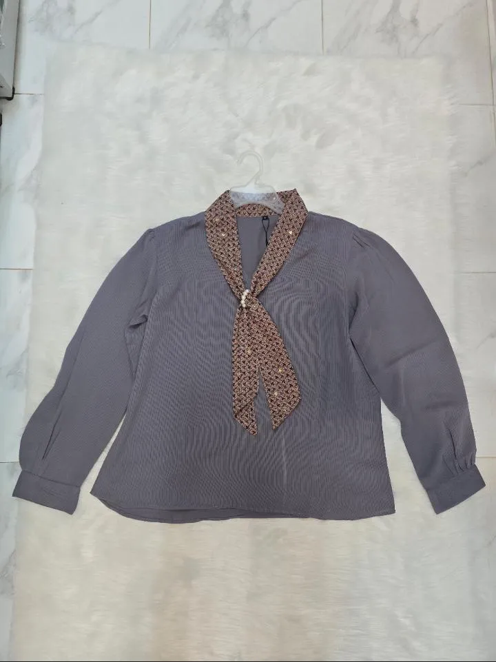 Charcoal Grey Printed Tie-Neck Ladies Top