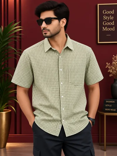 Premium Stylish Half Sleeve Shirt - Elegant Light Green Checkered Pattern 