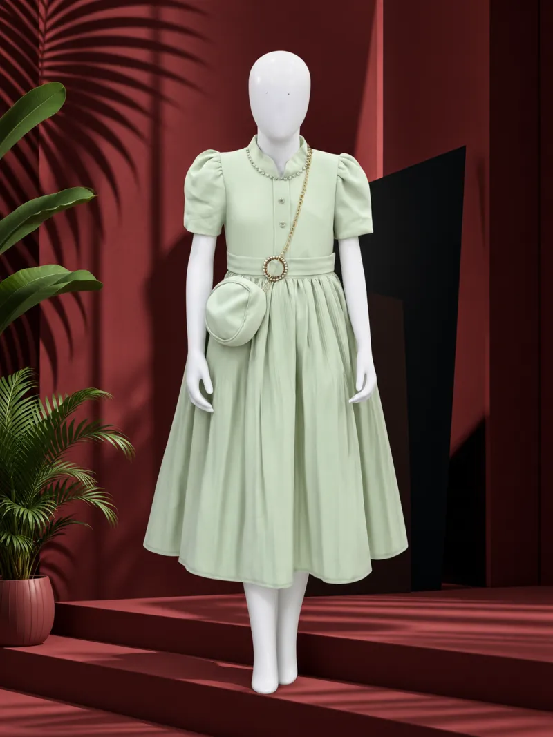 Elegant Mint Green Puff-Sleeve Dress