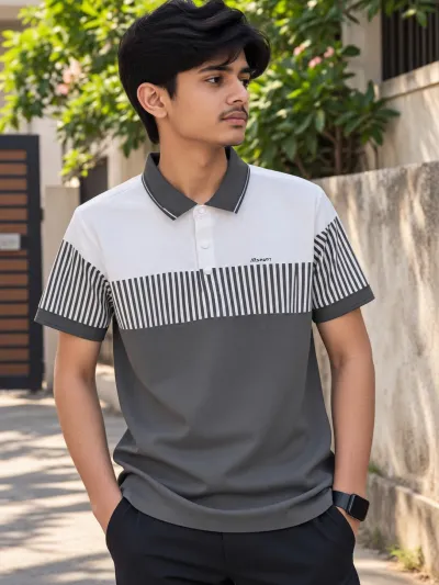 Premium China Fabric Polo - White & Charcoal Grey Cheque