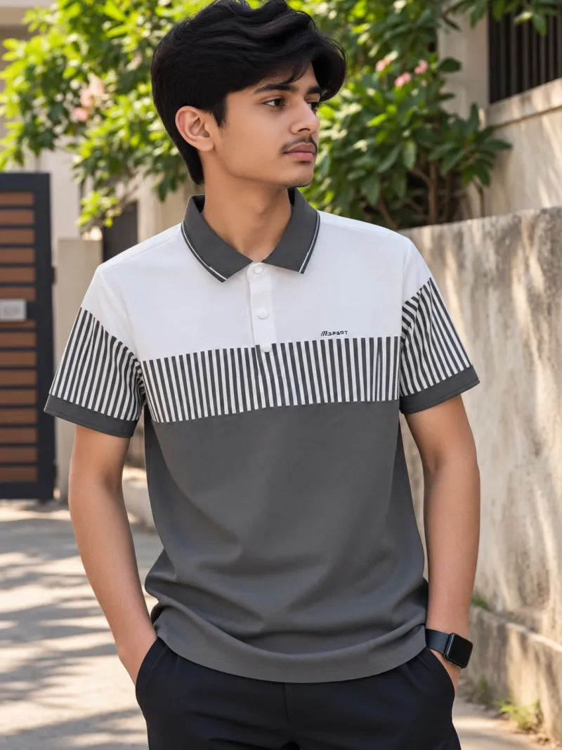 Premium China Fabric Polo - White & Charcoal Grey Cheque