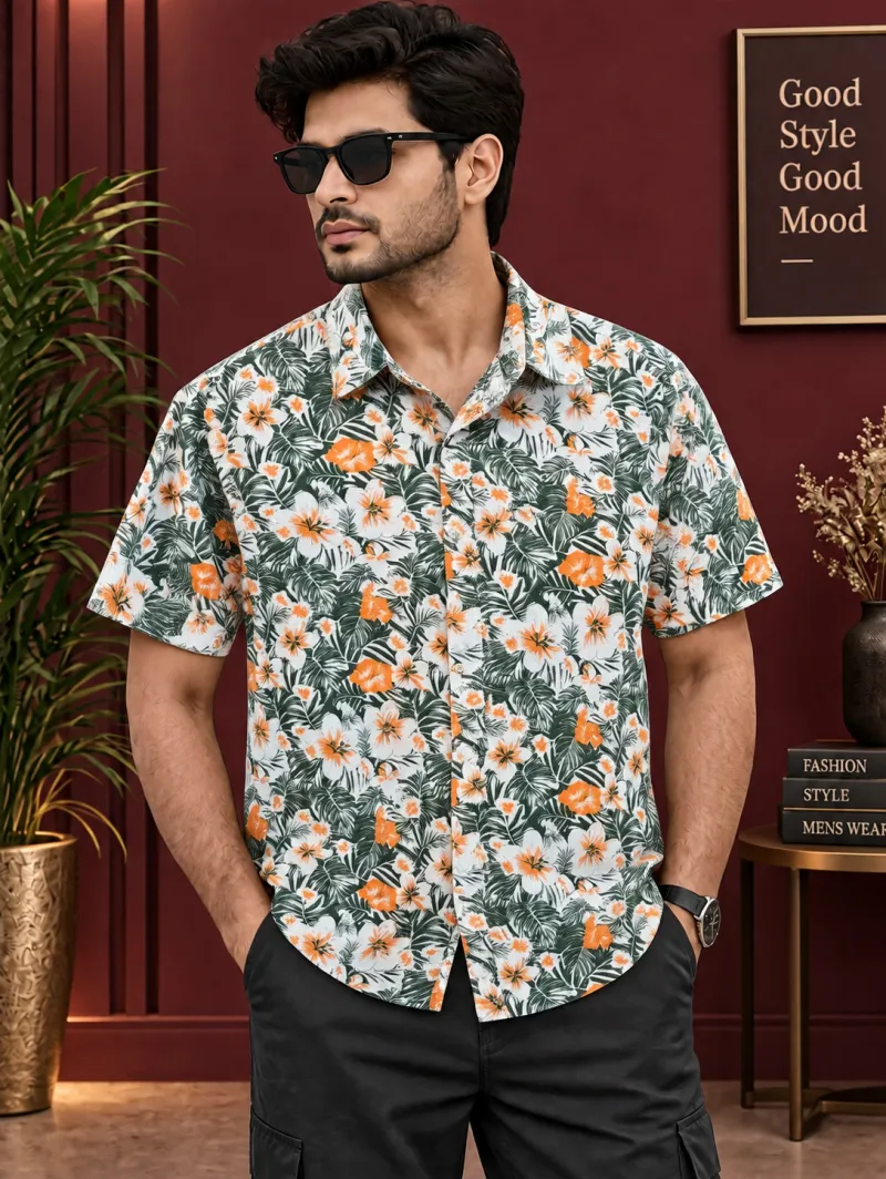 Premium Stylish Half Sleeve Shirt - Tropical Floral Print Design 