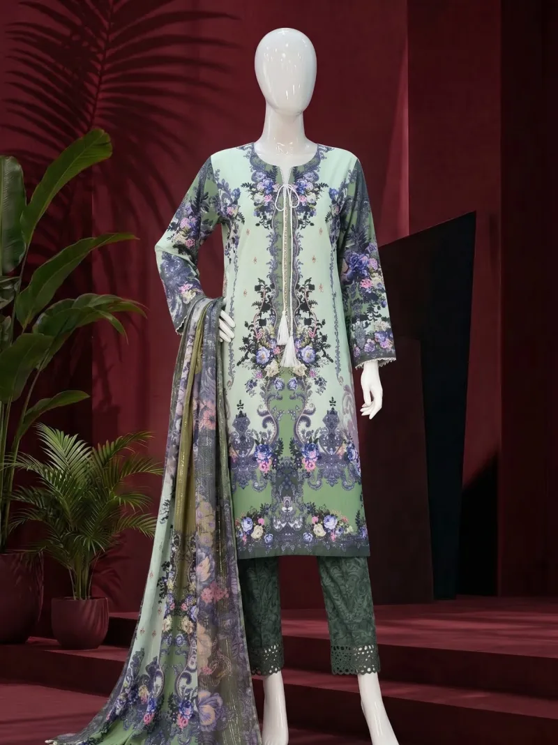 Mint Green Floral Printed 3-Piece Dress Set with Dupatta