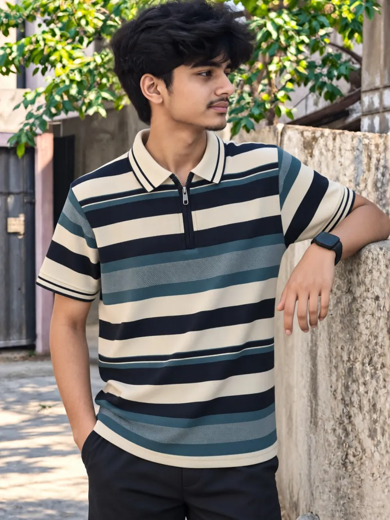 Premium China Fabric Polo - Navy, Cream & Teal Cheque