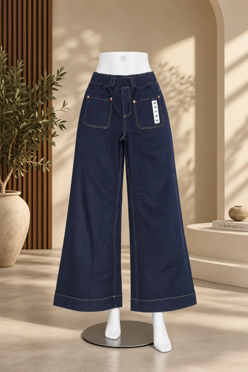 Dark Navy Blue Relaxed Wide-Leg Denim Jeans