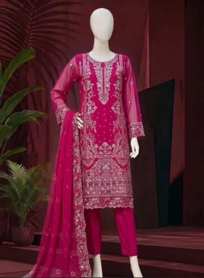 Magenta & Yellow Embroidered 3-Piece