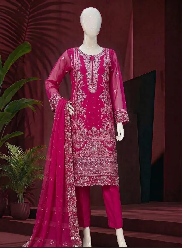 Magenta & Yellow Embroidered 3-Piece
