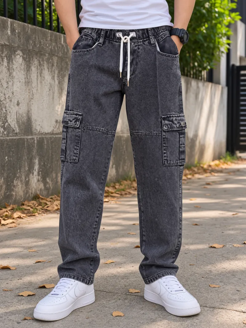 Cargo Jeans Black Washed Fit