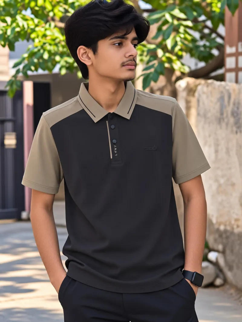 Premium China Polo Fabric - Black & Khaki
