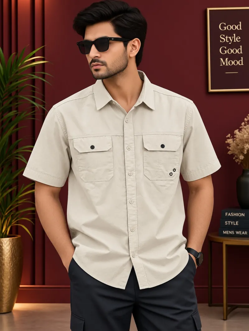 Premium Stylish Half Sleeve Shirt  - Classic Solid Cream Color 