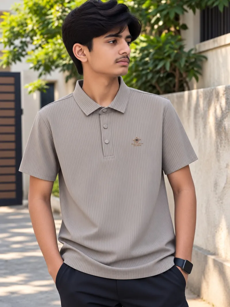 Premium China Fabric Polo - Ribbed Texture Light Beige 