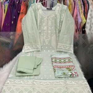 Elegant Mint Green Embroidered Ladies Dress Set